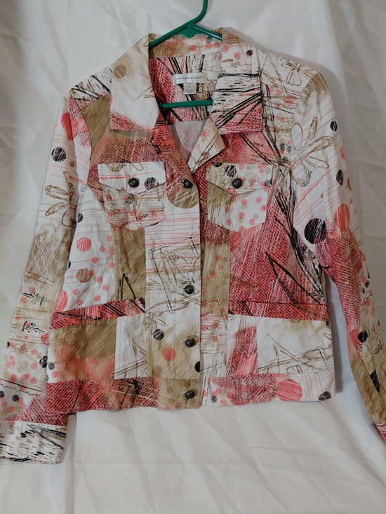 Christopher & Banks Jackets & Blazers - Womens Coral & Beige Patchwork Jean Jacket